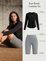 Run-Ready Comfort Set featuring black long-sleeve shirt and grey high-waist running shorts.