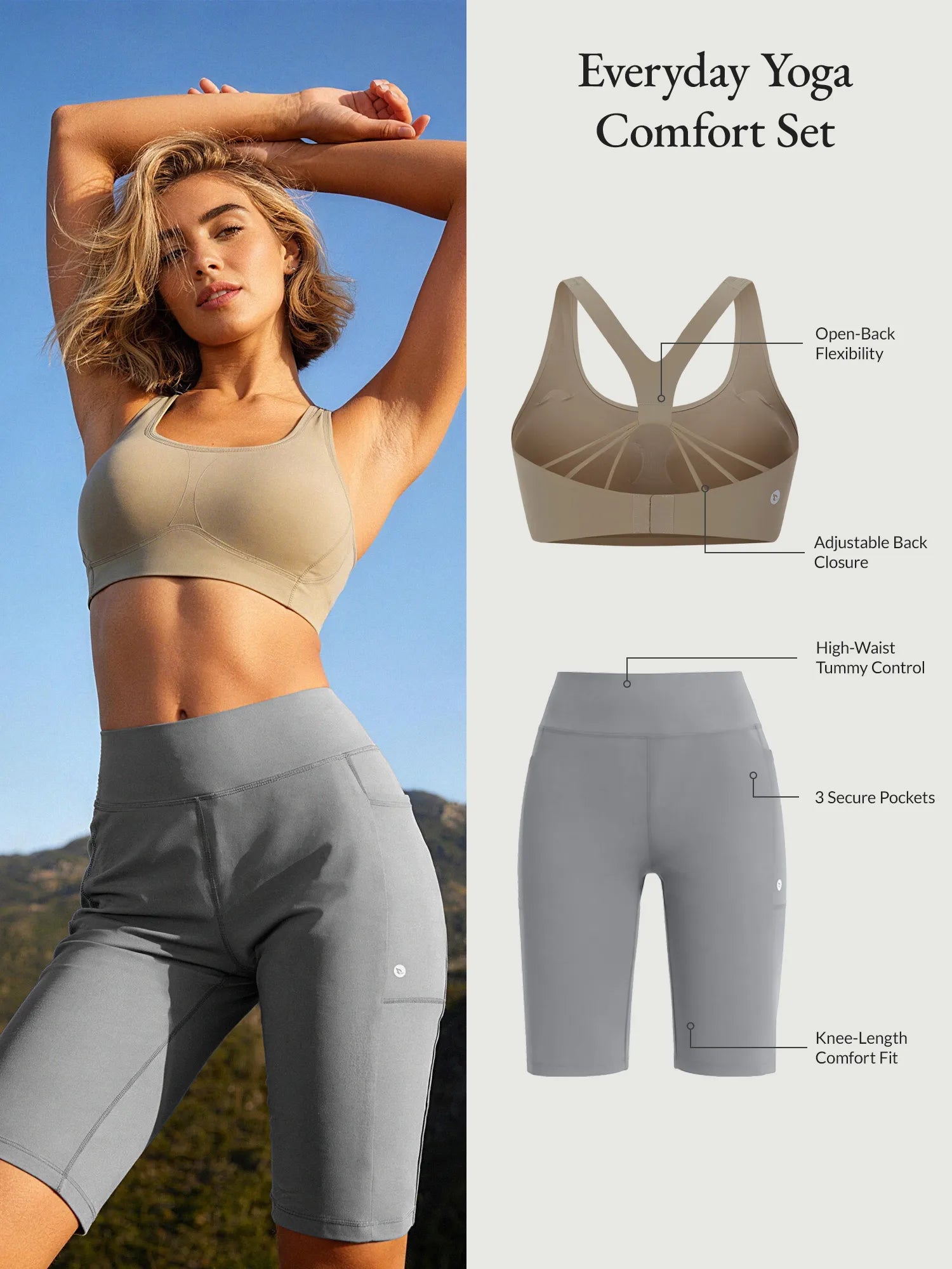Everyday Yoga Comfort Set: beige sports bra and grey high-waist shorts