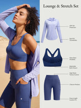 Lounge & Stretch Set: blue high-rise shorts, sports bra, purple UPF 50+ jacket