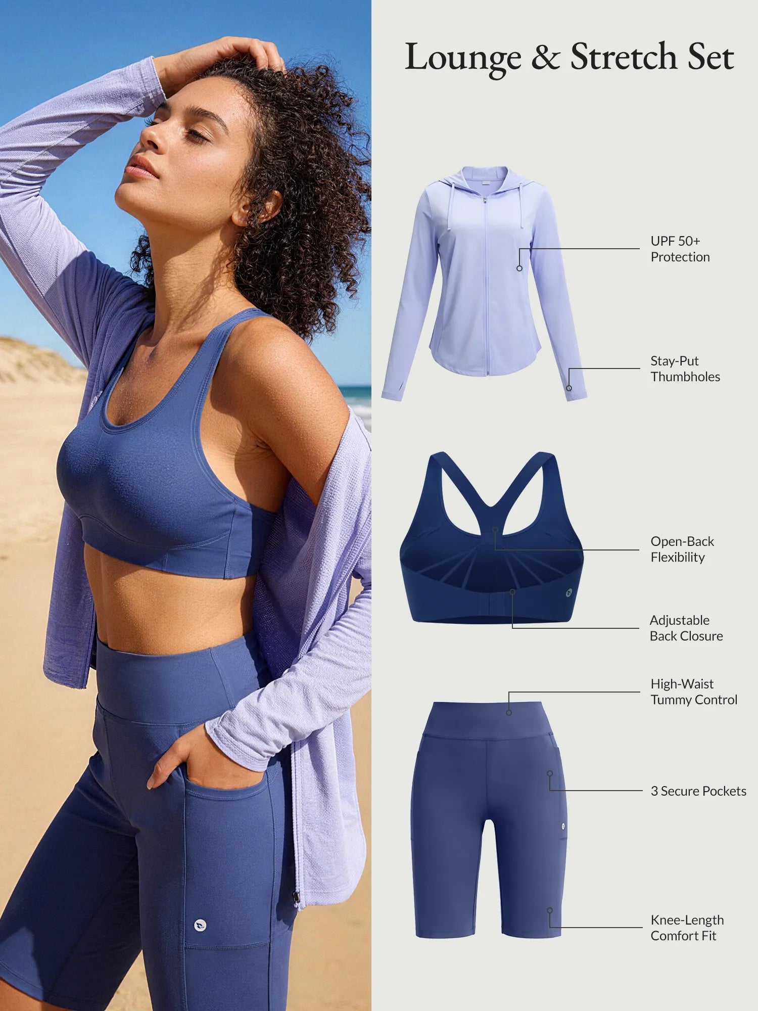 Lounge & Stretch Set: blue high-rise shorts, sports bra, purple UPF 50+ jacket