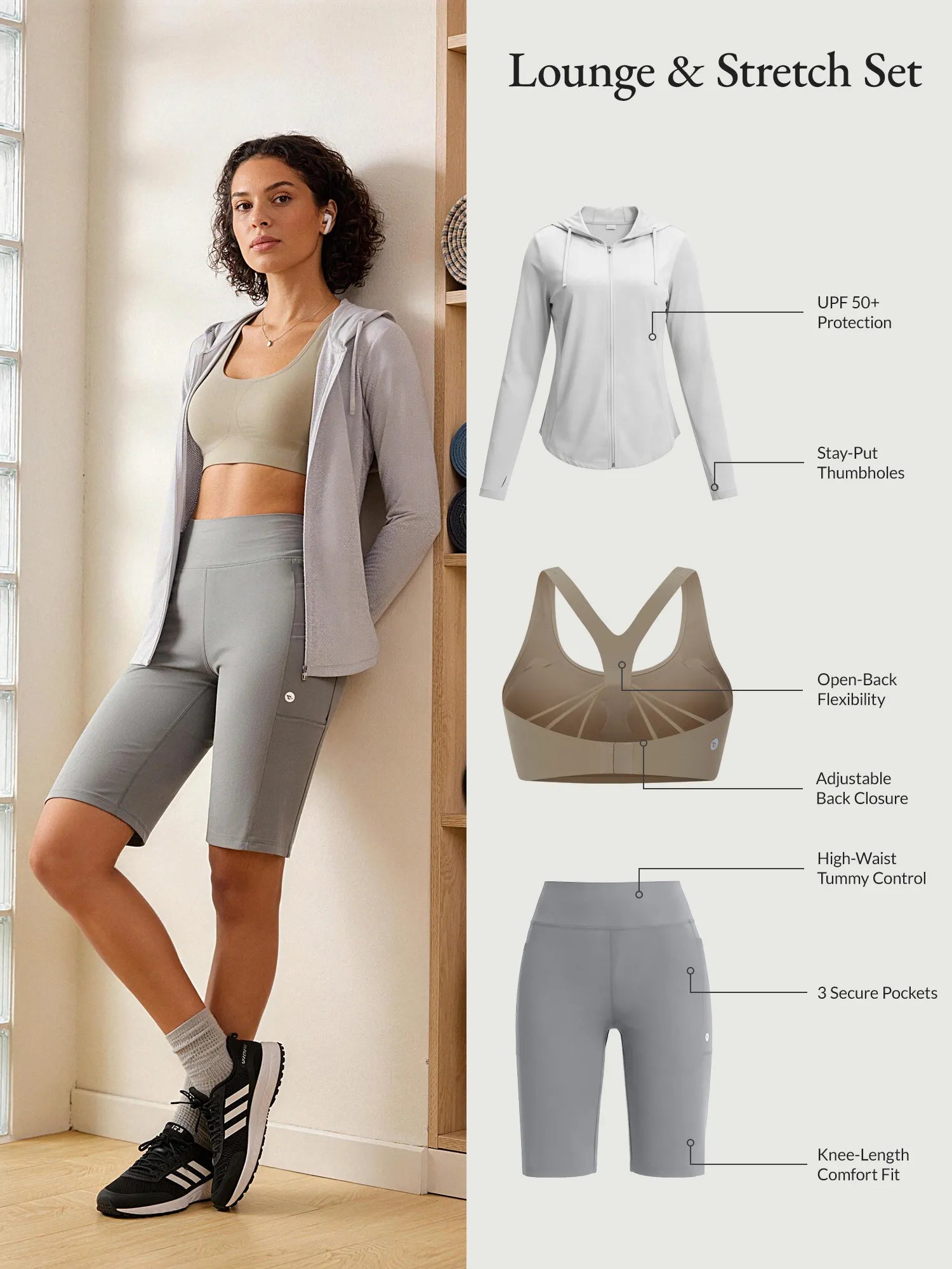 Grey & beige Lounge & Stretch Set: Model wears zip hoodie, bra, shorts; features shown.