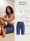 White zip sports bra & blue high-waist shorts with pockets from High-Impact Training Set.