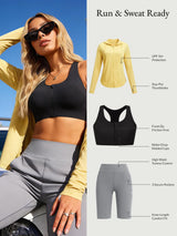 Women's athletic set: black front-zip sports bra, grey high-waist shorts, yellow UPF 50+ sun jacket.