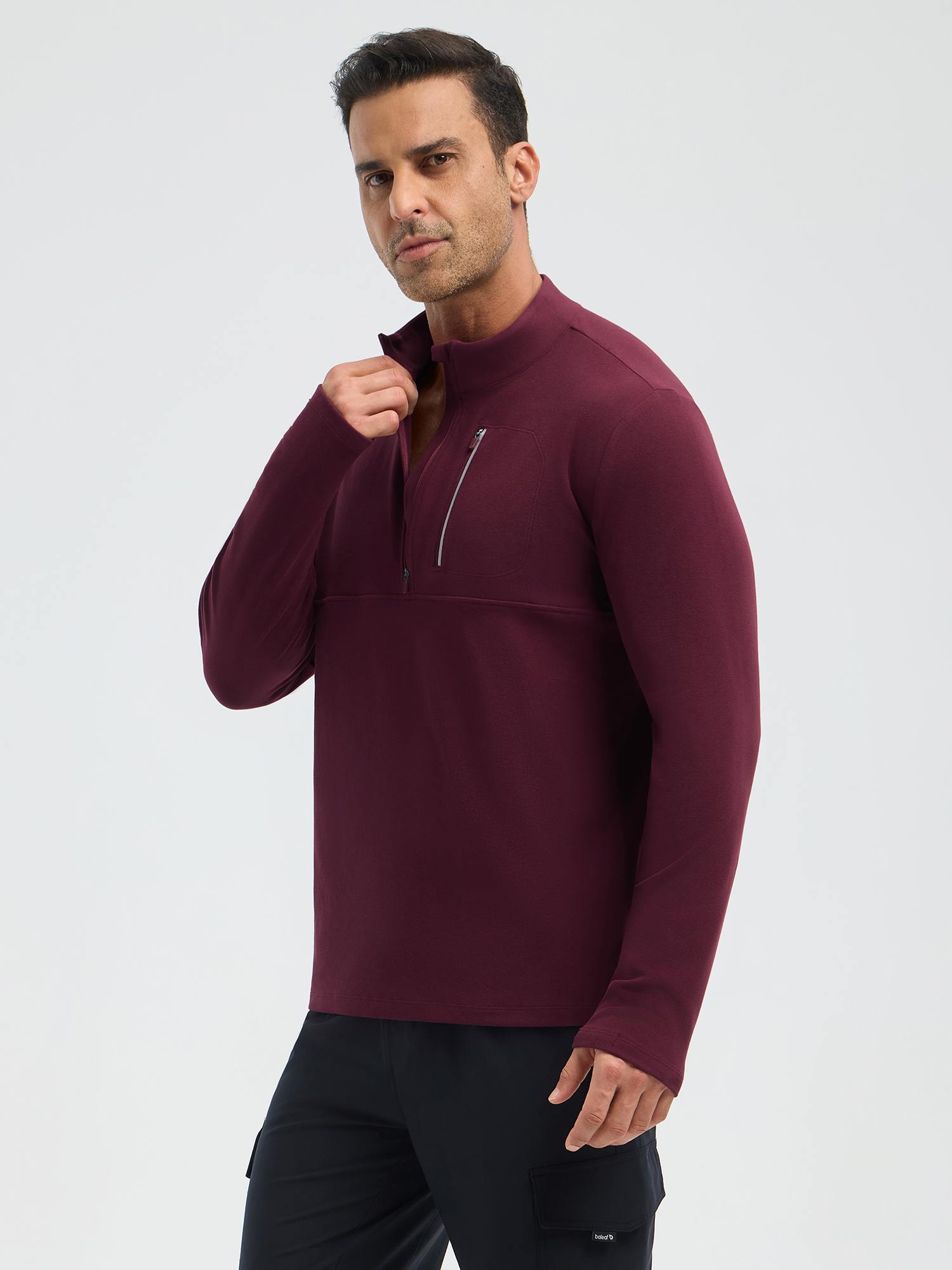 Men's maroon fleece long-sleeve running t-shirt with half-zip and chest pocket #color_Wine Red