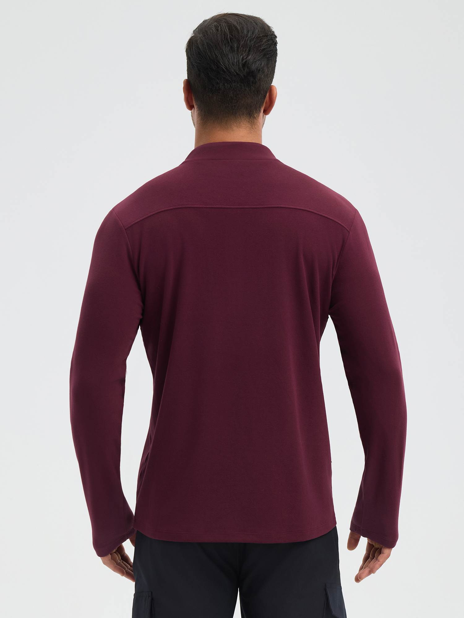 Men's maroon fleece running long-sleeve t-shirt with half-zip and thumbholes, shown from the back. #color_Wine Red