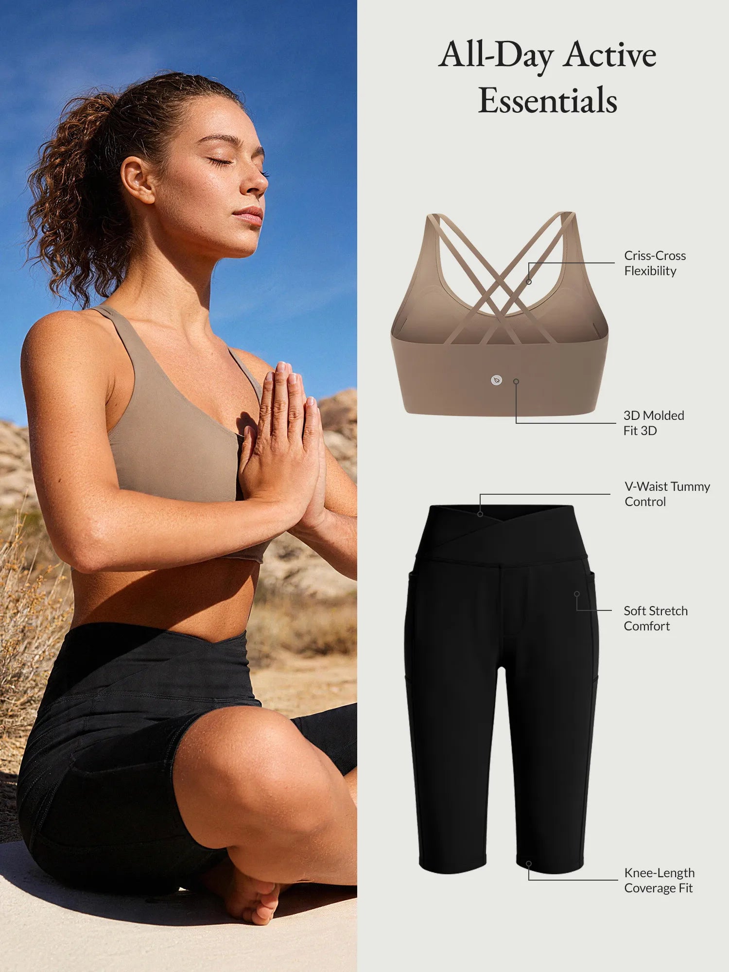 All-Day Active Essentials set: beige low-impact sports bra with criss-cross straps, black high-rise Bermuda shorts.