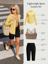 Lightweight sport leisure set: yellow UPF jacket, beige bra, black shorts. Features shown.