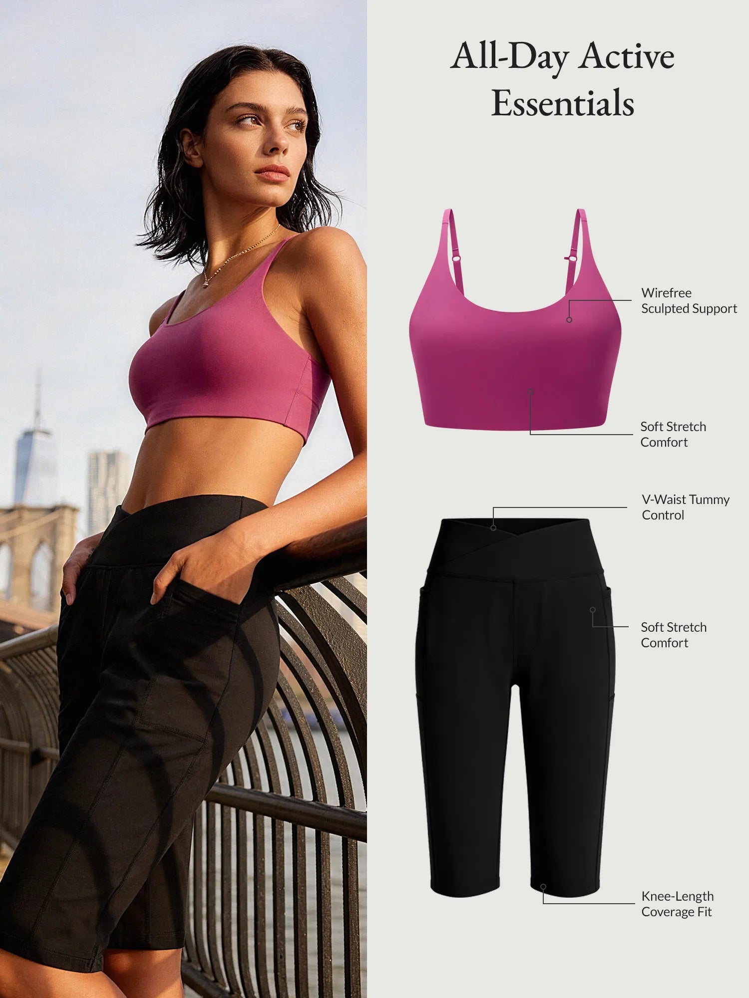All-Day Active Essentials set: Pink bra with sculpted support, black V-waist shorts.