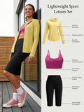Lightweight Sport Leisure Set for women: yellow UPF jacket, pink bra, black Bermuda shorts.