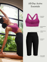 All-Day Active Essentials set: magenta sports bra & black Bermuda shorts for yoga & sports.