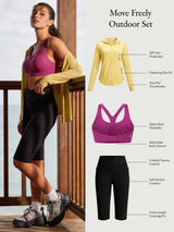 Move Freely Outdoor Set: yellow UPF 50+ jacket, pink sports bra, black Bermuda shorts.