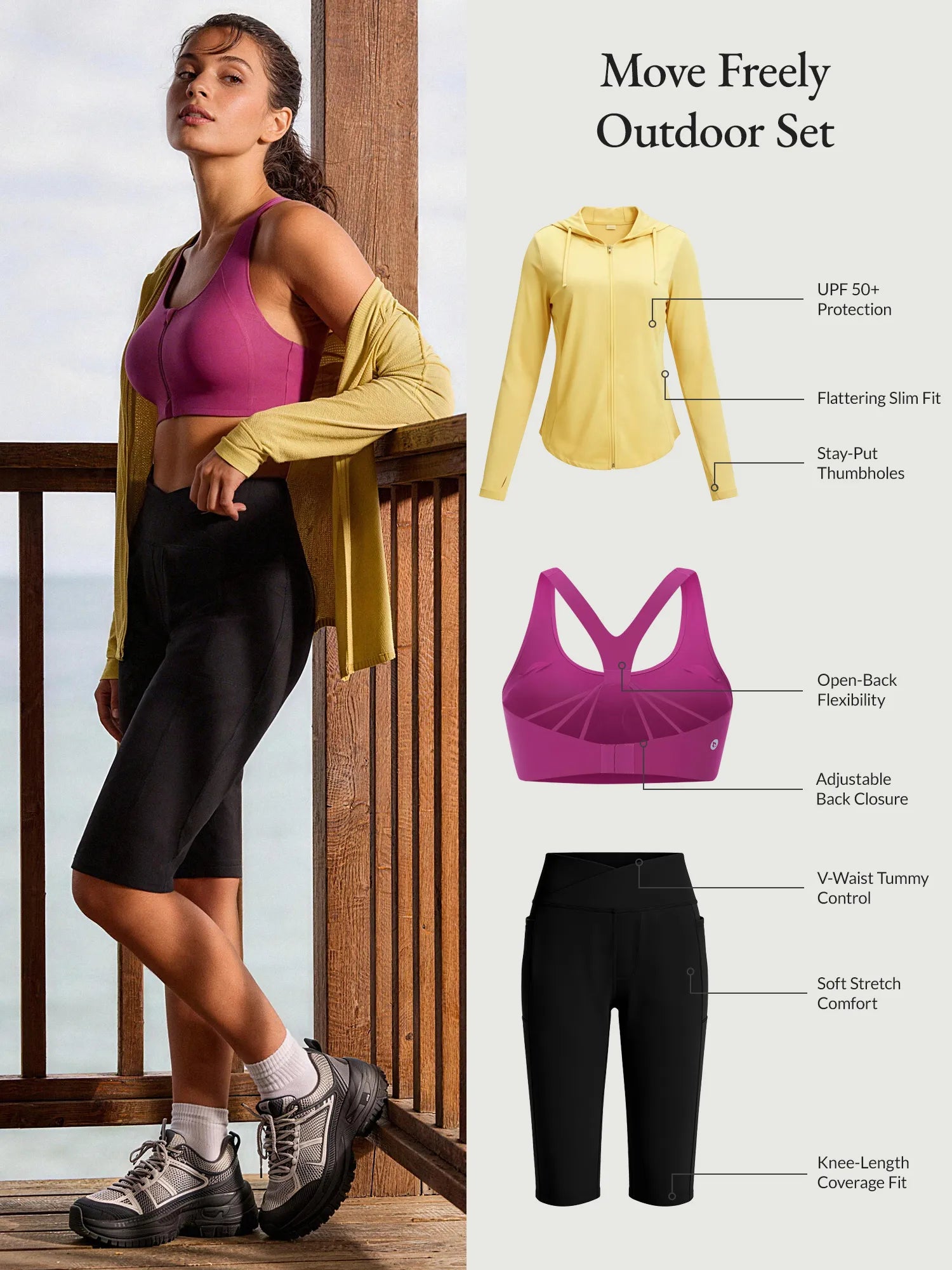 Move Freely Outdoor Set: yellow UPF 50+ jacket, pink sports bra, black Bermuda shorts.