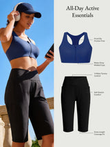 All-Day Active Essentials set: navy front-zip sports bra & black V-waist Bermuda shorts.