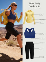 Move Freely Outdoor Set: Yellow UPF jacket, navy zip bra, black V-waist shorts.