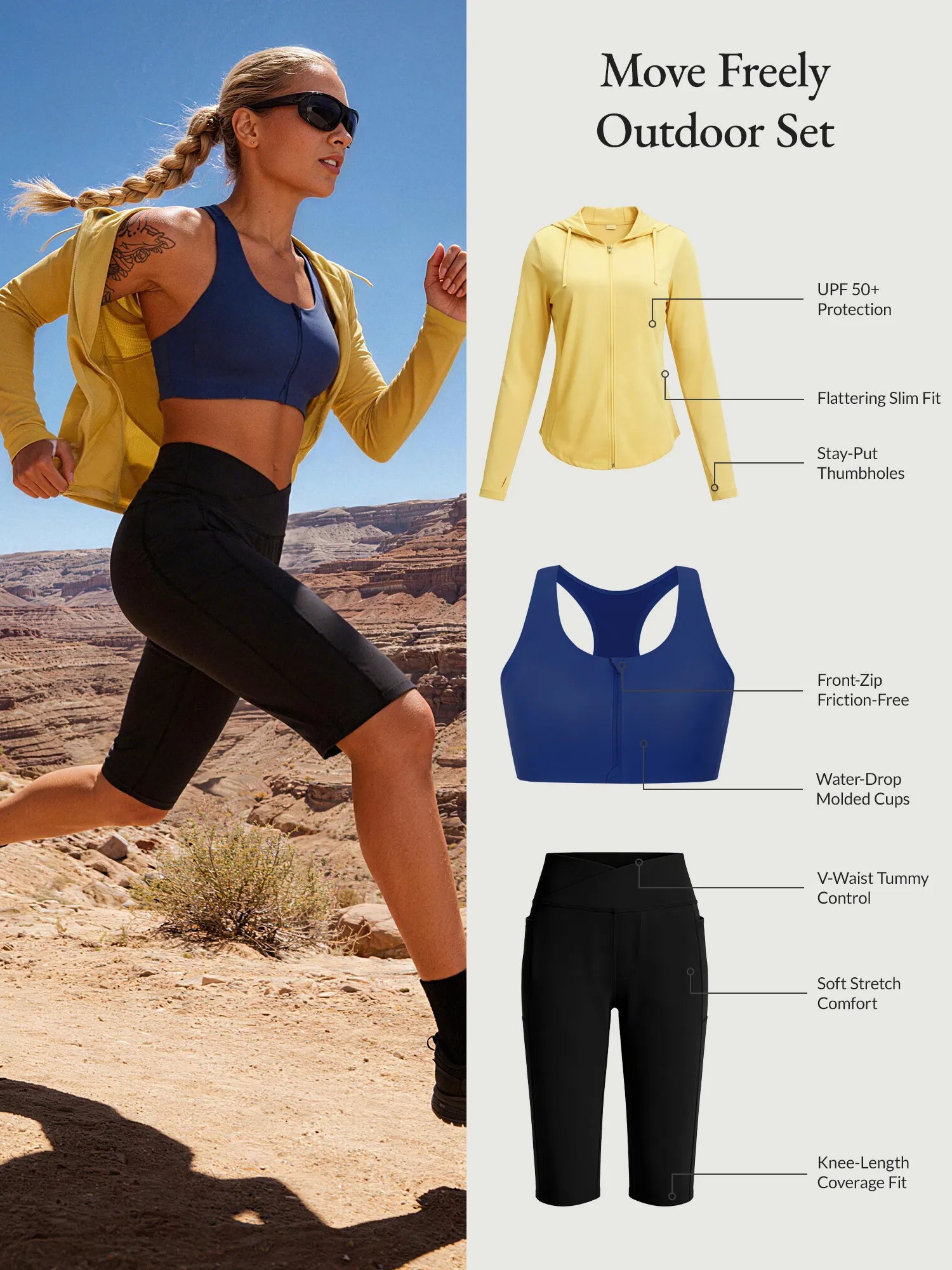 Move Freely Outdoor Set: Yellow UPF jacket, navy zip bra, black V-waist shorts.