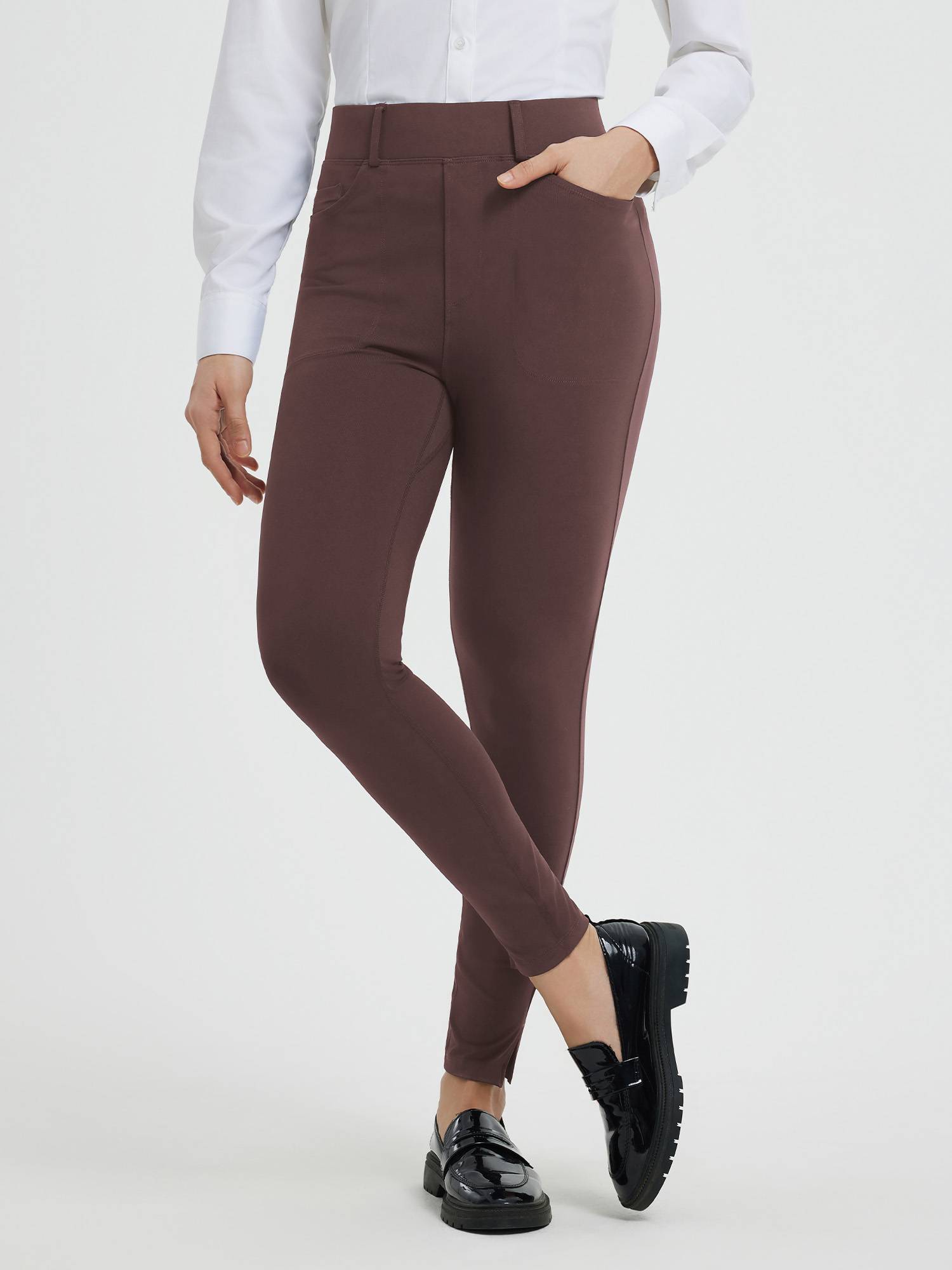 Brown high-waisted yoga business pants with 4 pockets and a split hem. #color_Dark Brown