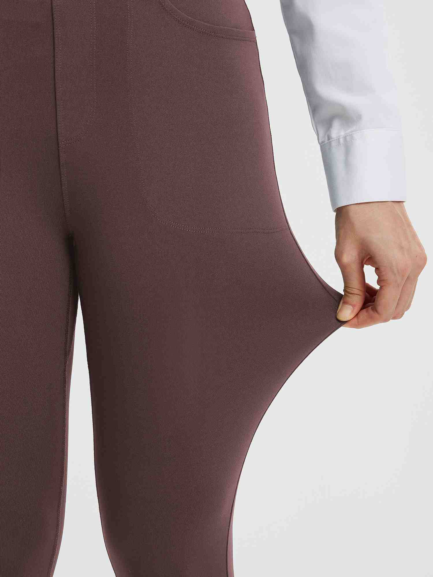Stretchy dark brown high-waisted business yoga pants with pocket detail. Women's pants.