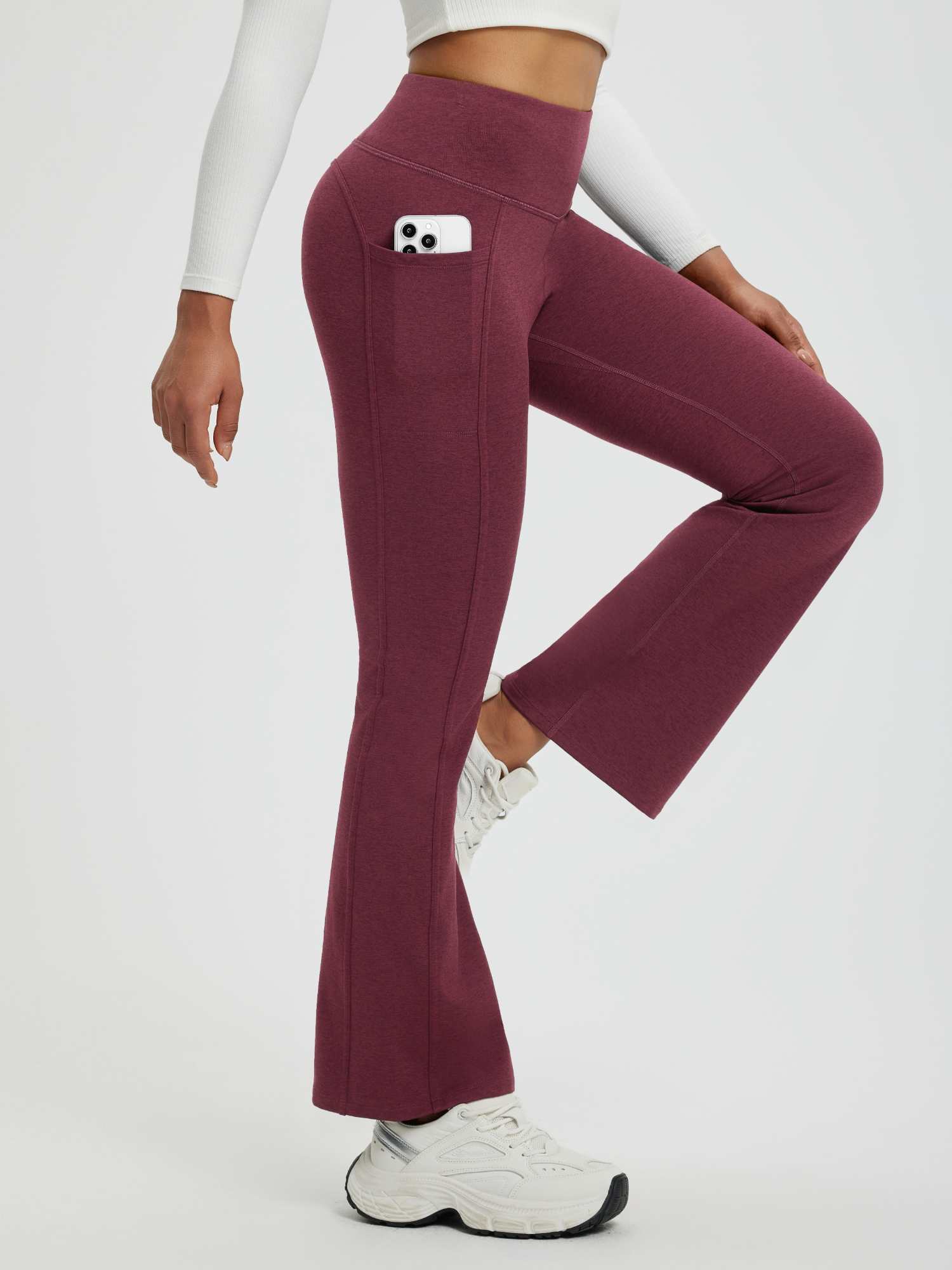 Women's wine-red yoga floral fleece high-waisted flared pants with phone pocket and white sneakers #color_Wine Red