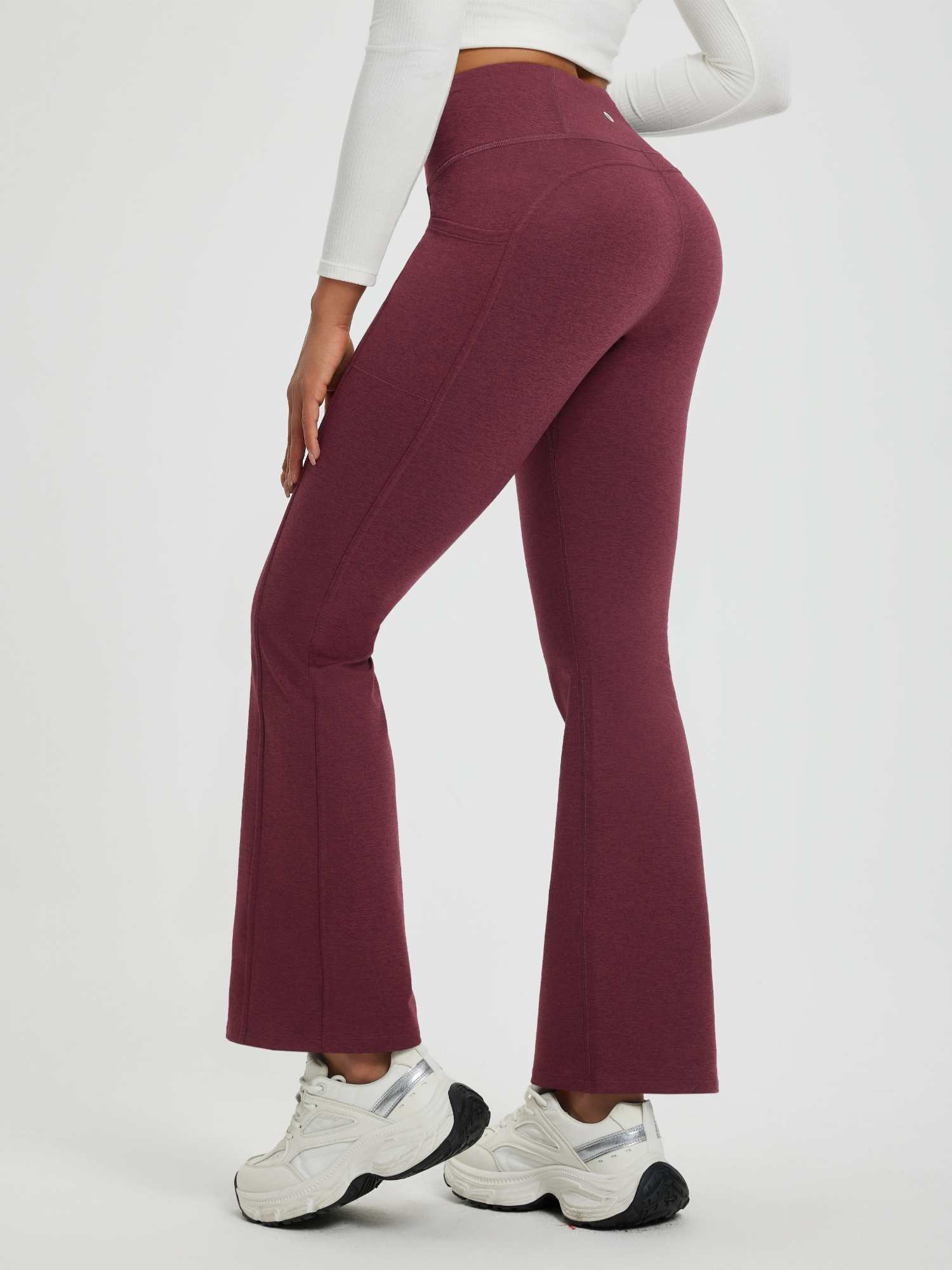 Women's maroon floral fleece high-waisted flared yoga pants with pockets #color_Wine Red