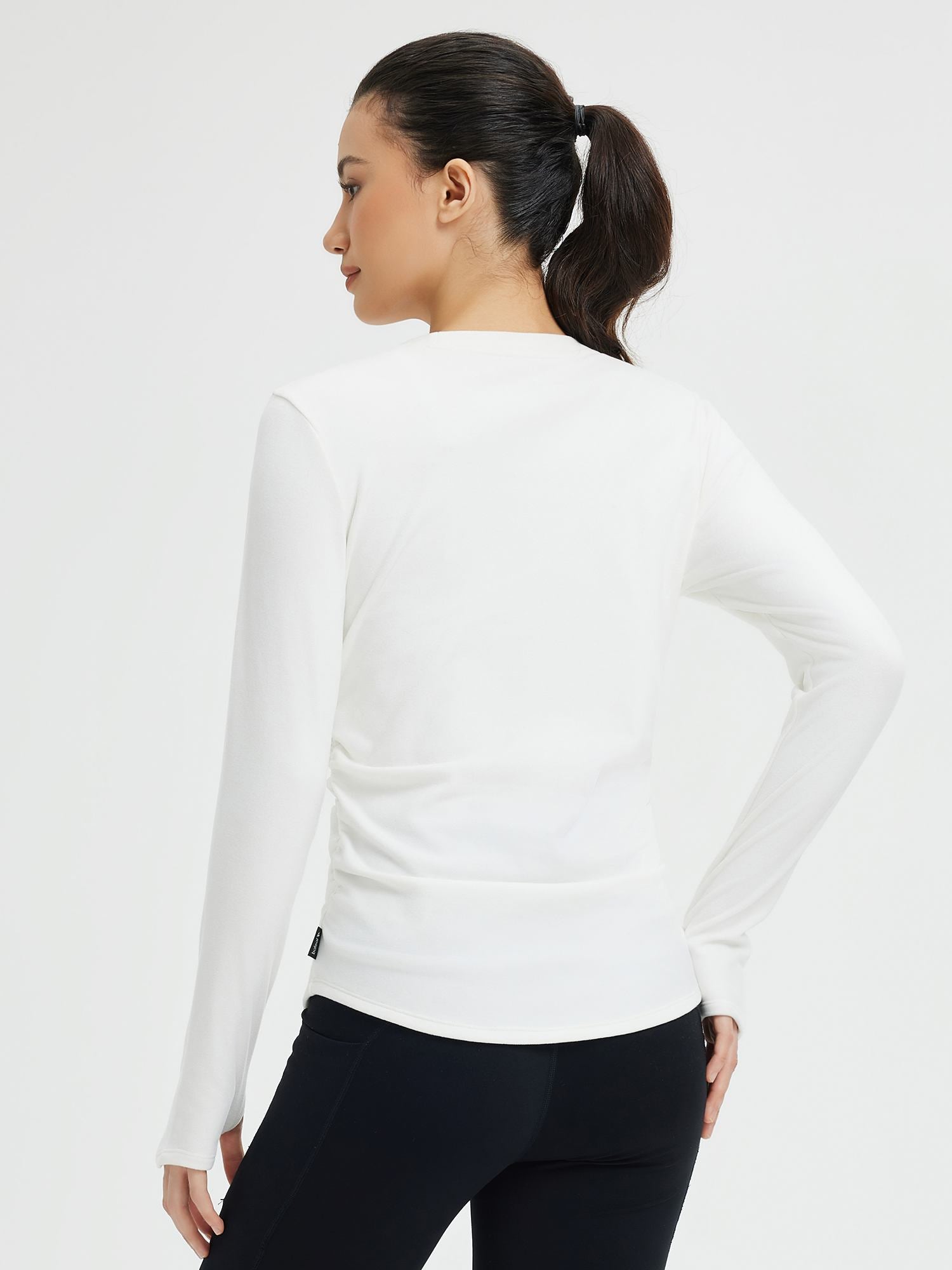 White side-ruched long-sleeve yoga top with thumbholes for women #Color_Star White
