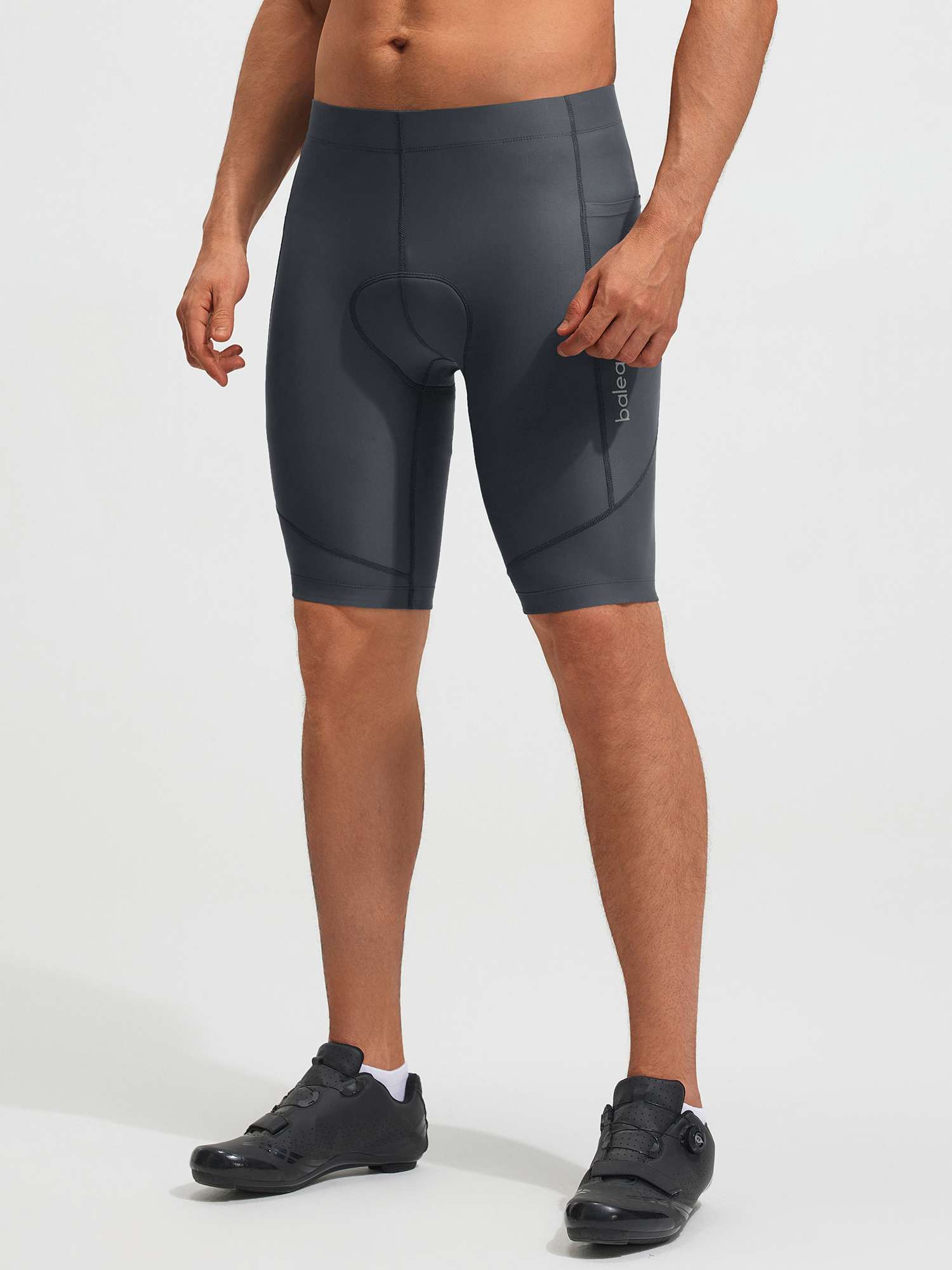 Dark grey Baleaf 4D padded men's bike shorts with 10" inseam, side pocket, reflective logo. #color_Dark Gray