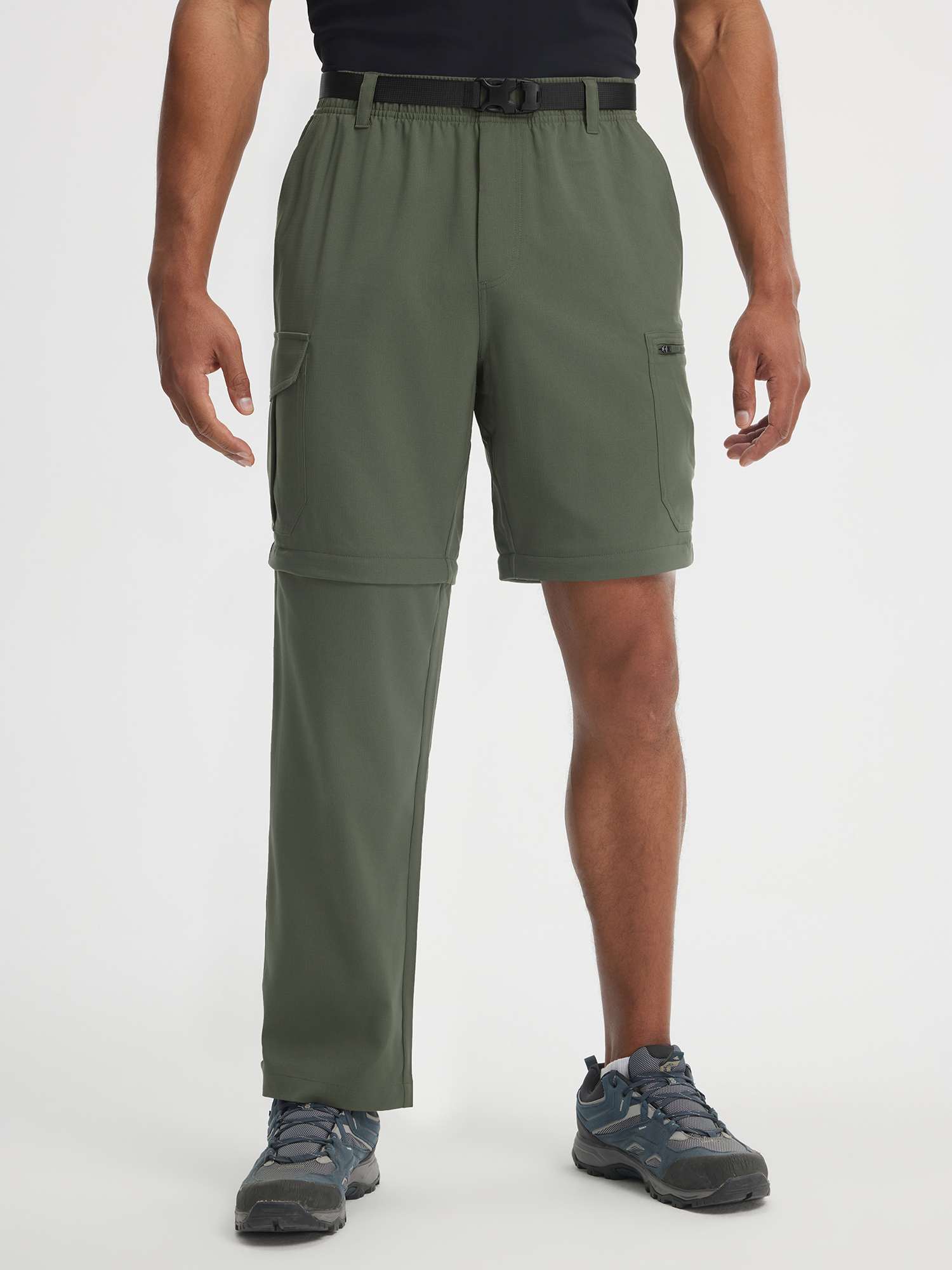 Baleaf 3-IN-1 convertible ripstop hiking pants shown as half pants, half shorts. Olive green. #color_Army Green