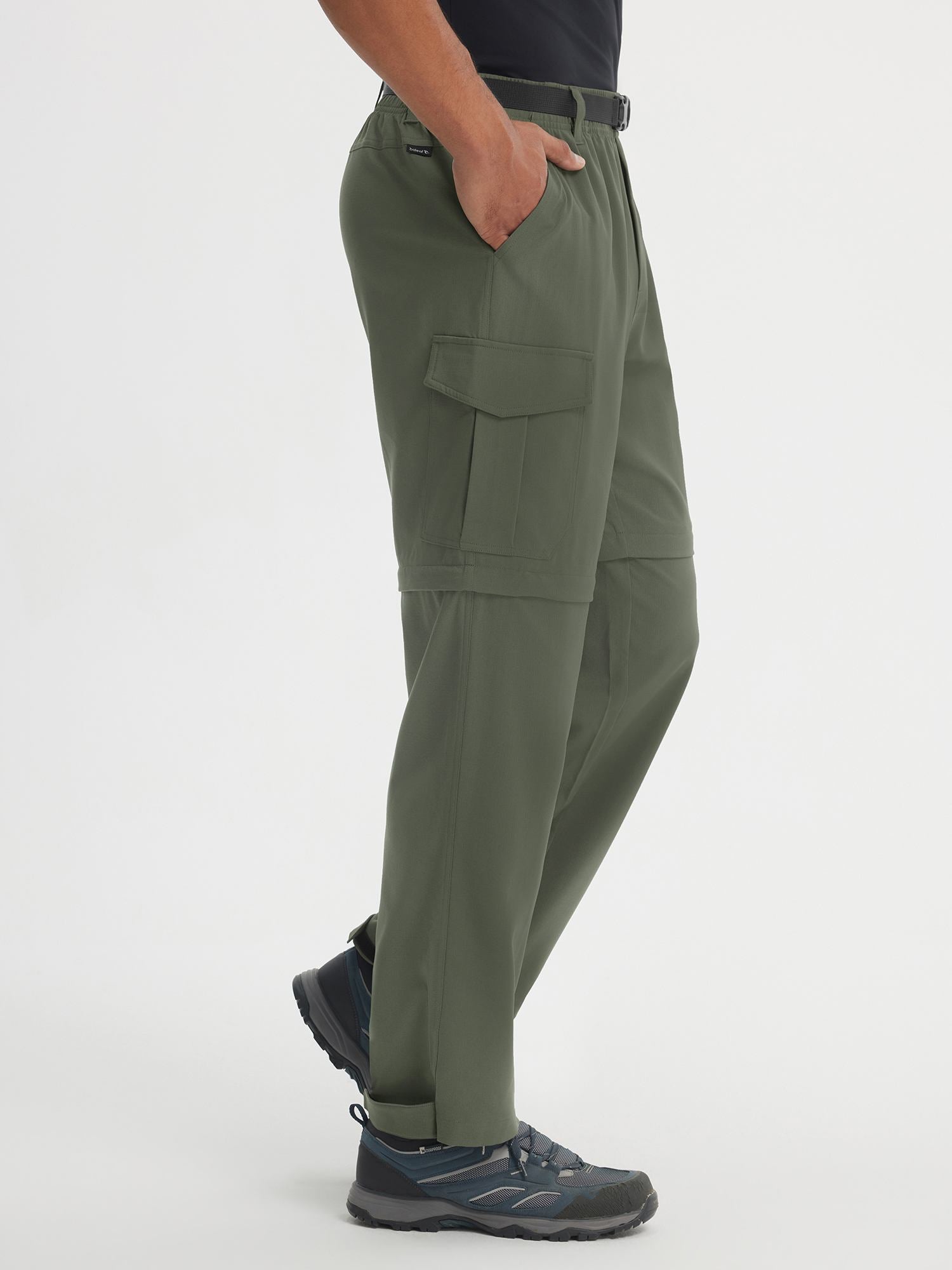 Olive green Baleaf 3-in-1 convertible ripstop hiking pants shown from side with zipper detail #color_Army Green