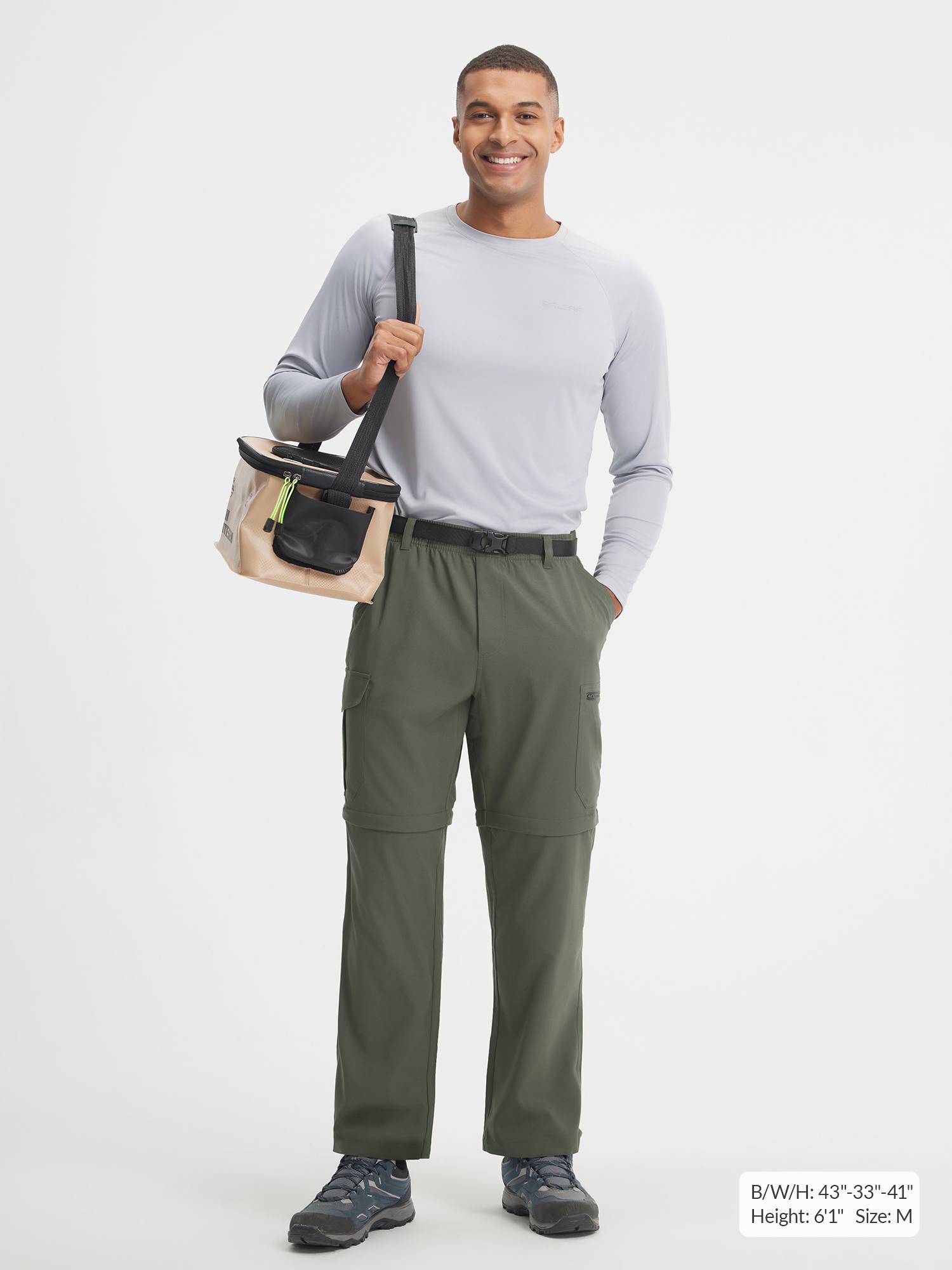 Baleaf olive green 3-in-1 convertible ripstop hiking pants on model, 6'1" M size. #color_Army Green
