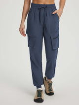 Baleaf women's blue ripstop cargo hiking pants, 6 pockets, jogger fit, 28" inseam #color_Navy
