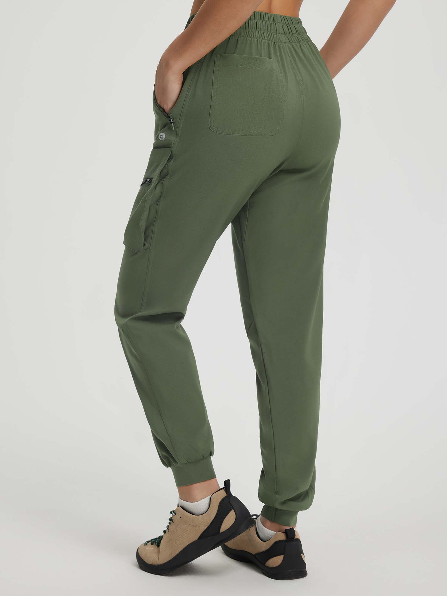 Baleaf women's green ripstop cargo hiking pants with 6 pockets, jogger cuffs #color_Army Green