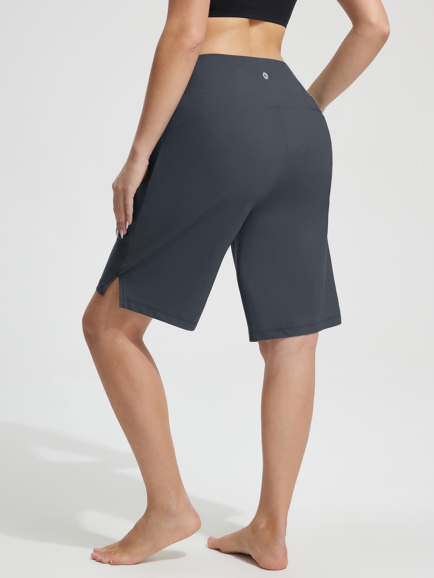 Baleaf women's dark grey UPF 50+ 11-inch high-rise board shorts, side view. #color_Deep Gray
