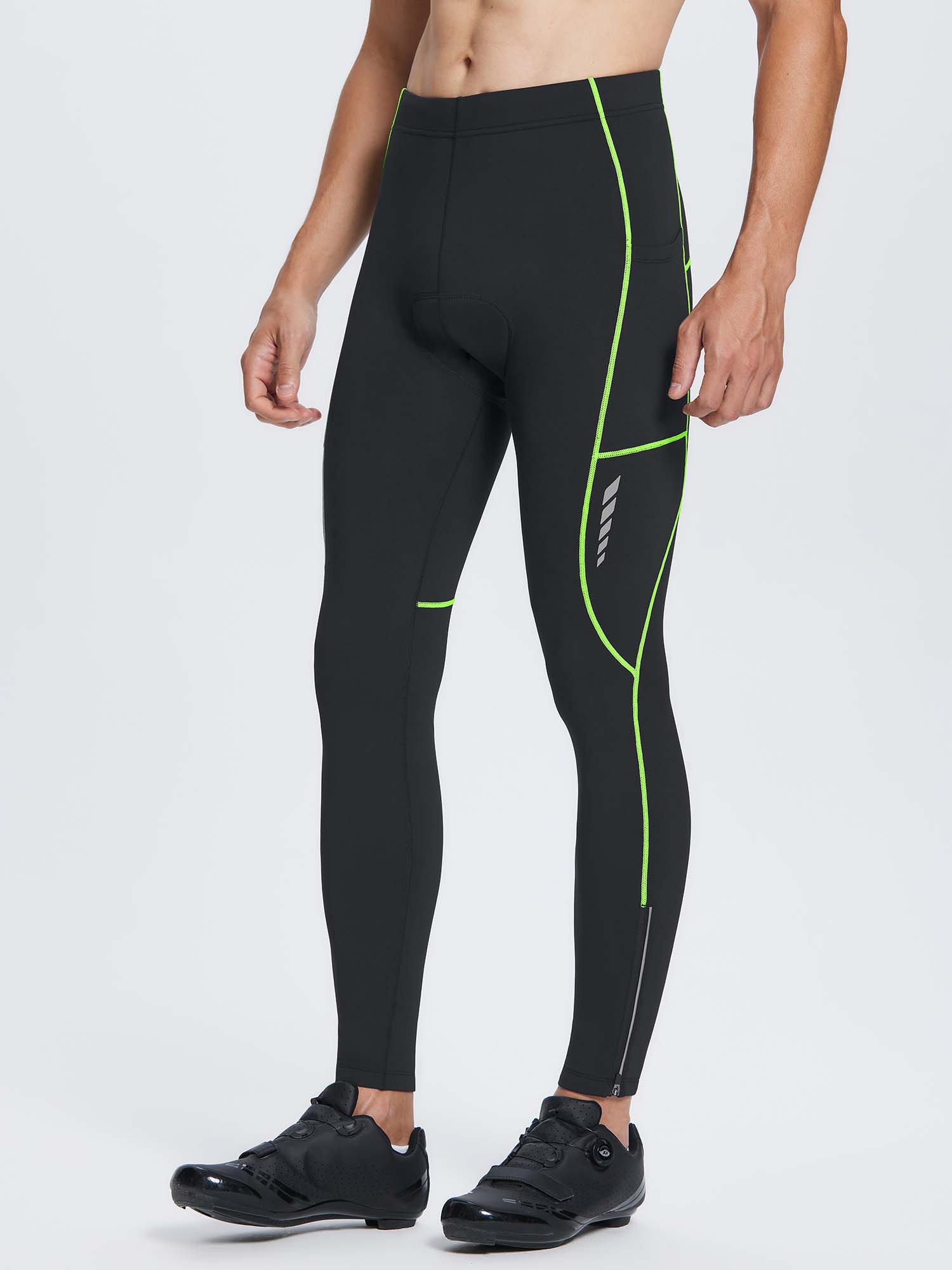 Men's black fleece-padded thermal cycling tights with neon green accents and reflective details #color_Flourescent Green