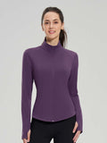 Women's purple crossover hem fleece cycling jacket with thumbholes and full zip closure. #color_Dark Purple