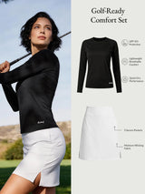 Baleaf Golf-Ready Comfort Set: Black UPF50+ shirt, white skort.