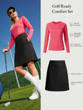 Golf-Ready Comfort Set: Pink UPF50+ shirt, black skort. Quick-dry, moisture-wicking.
