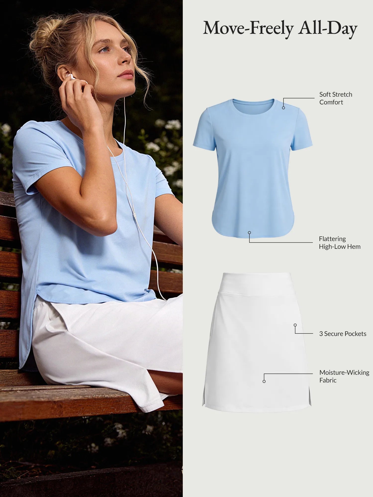 Blue UPF 50+ tee with high-low hem & white skort with pockets. Soft stretch, moisture-wicking.
