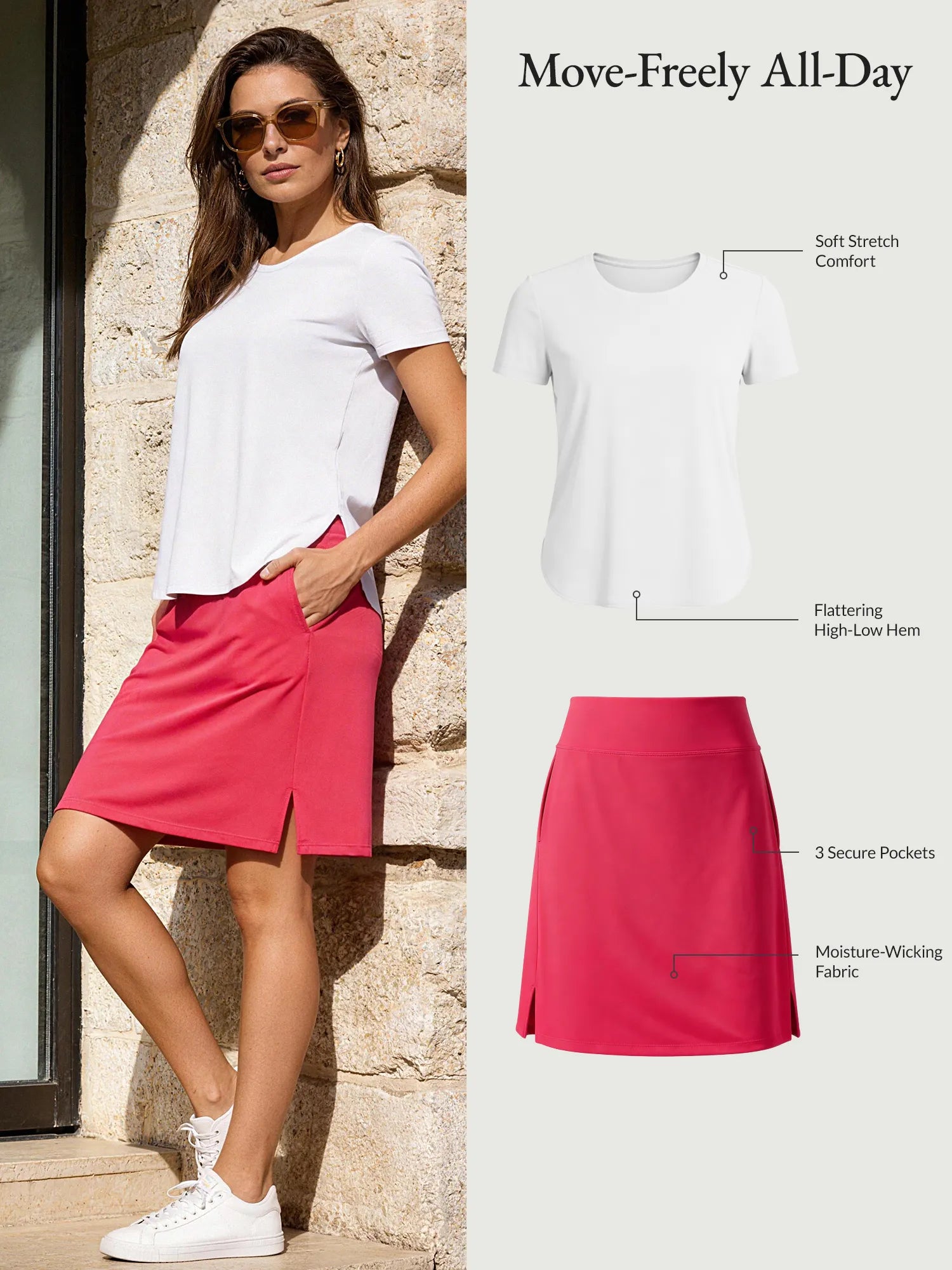 Move-Freely All-Day: coral UPF50+ skort with pockets & white tee for active wear.