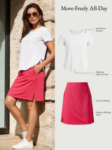 Move-Freely All-Day: coral UPF50+ skort with pockets & white tee for active wear.