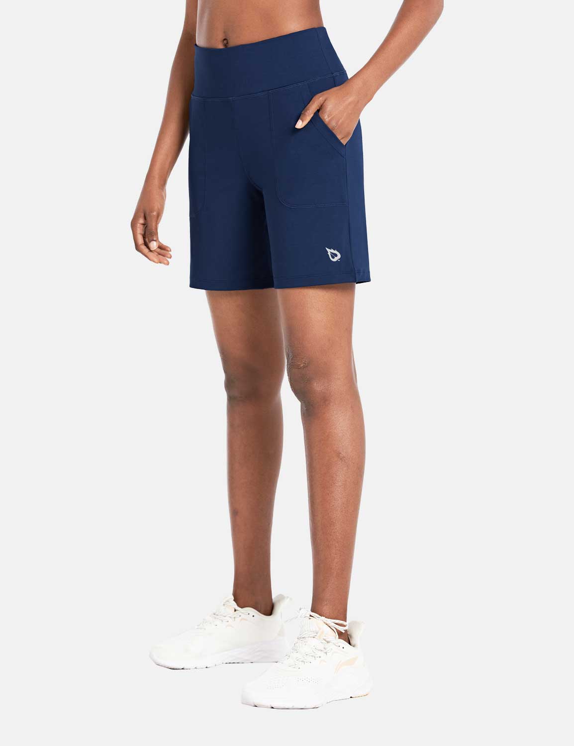 Baleaf Women's High Rise Athletic Relaxed Fit Pocketed Shorts Estate Blue Side