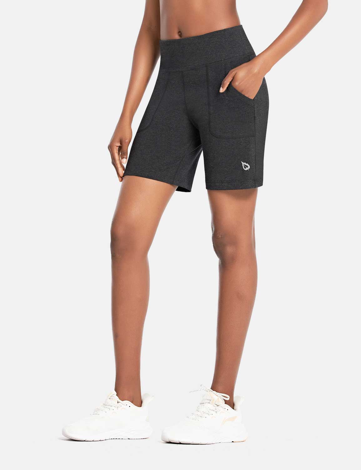 Baleaf Women's High Rise Athletic Relaxed Fit Pocketed Shorts Dark Gray Front