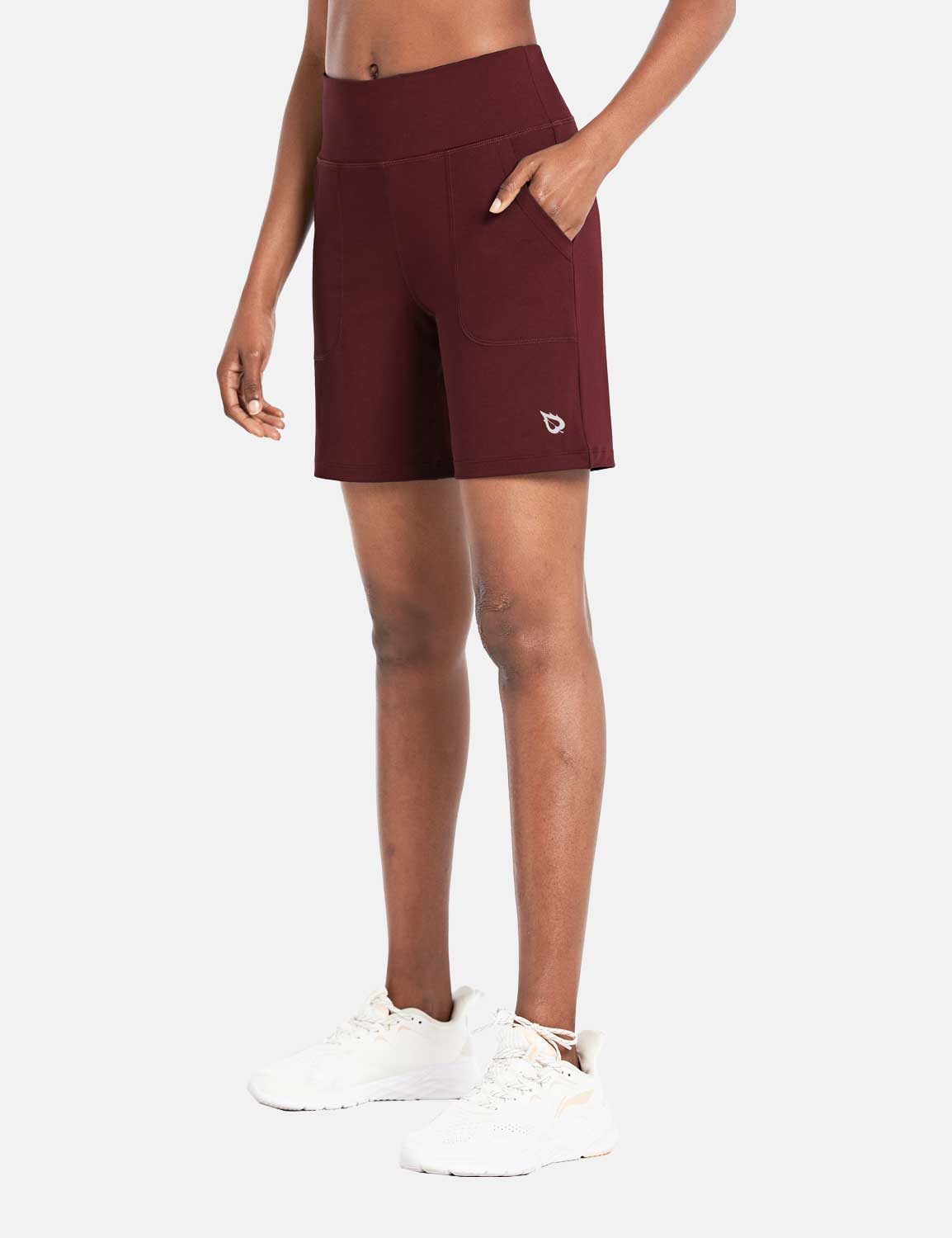 Baleaf Women's High Rise Athletic Relaxed Fit Pocketed Shorts Chocolate Truffle Side