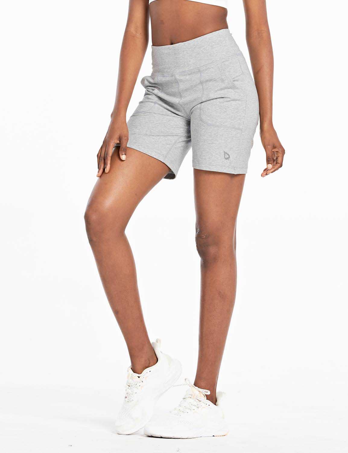Baleaf Women's High Rise Athletic Relaxed Fit Pocketed Shorts Light Gray Front