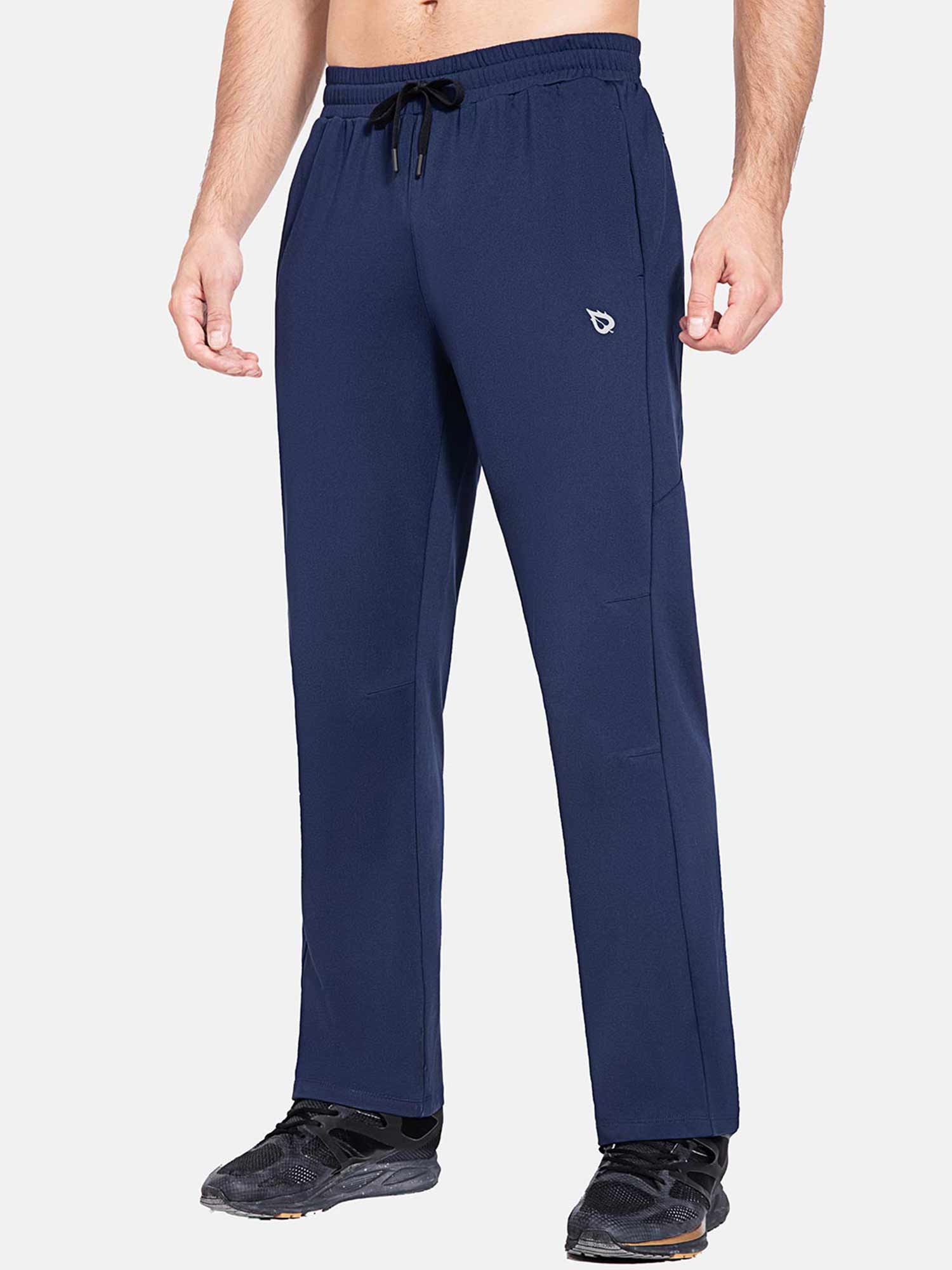 Men's navy blue fleece-lined water-resistant straight leg pants with drawstring waist and logo detail. #color_Navy Blue