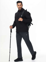 Dark gray men's fleece-lined water-resistant straight leg pants with BALEAF logo, backpack and trekking pole. #color_Dark Gray