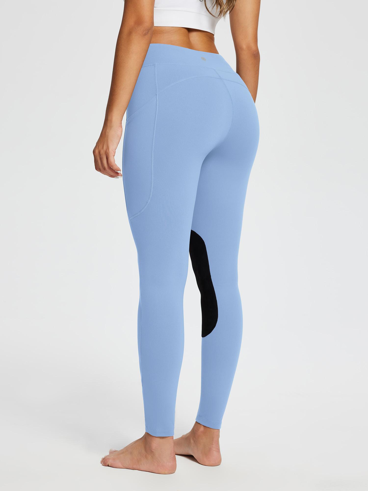 Light blue horse riding knit skinny breeches leggings with black knee patches #color_Light Blue