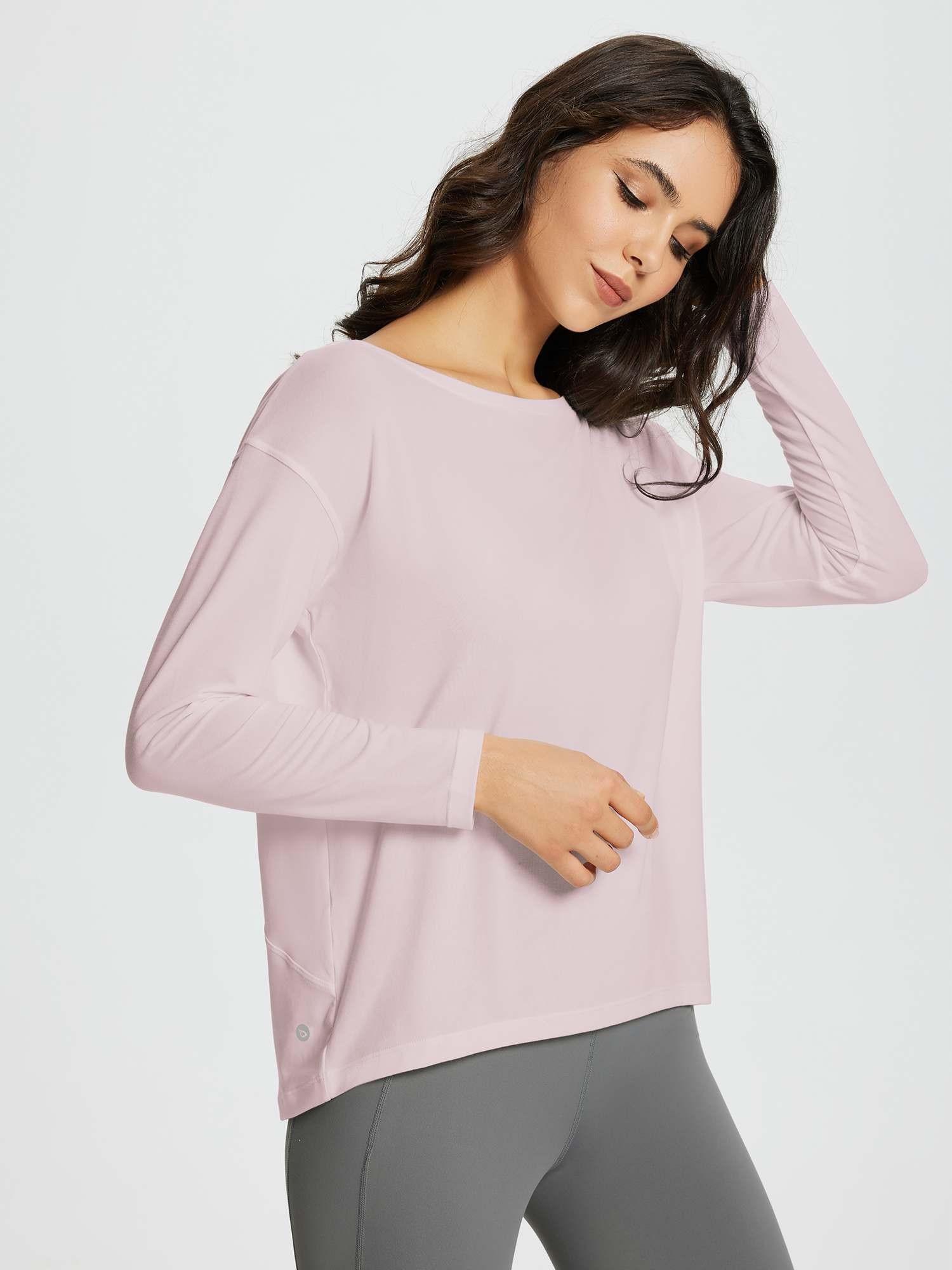 Women's light pink long-sleeve workout t-shirt with boat neckline and relaxed fit. #color_Light Purple