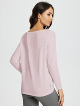 Pink women's long-sleeve workout t-shirt with boat neckline, loose fit, and curved hem detail. #color_Light Purple