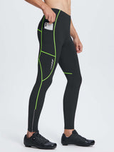 Men's black fleece thermal cycling tights, neon green piping, side pocket, ankle zipper. #color_Flourescent Green