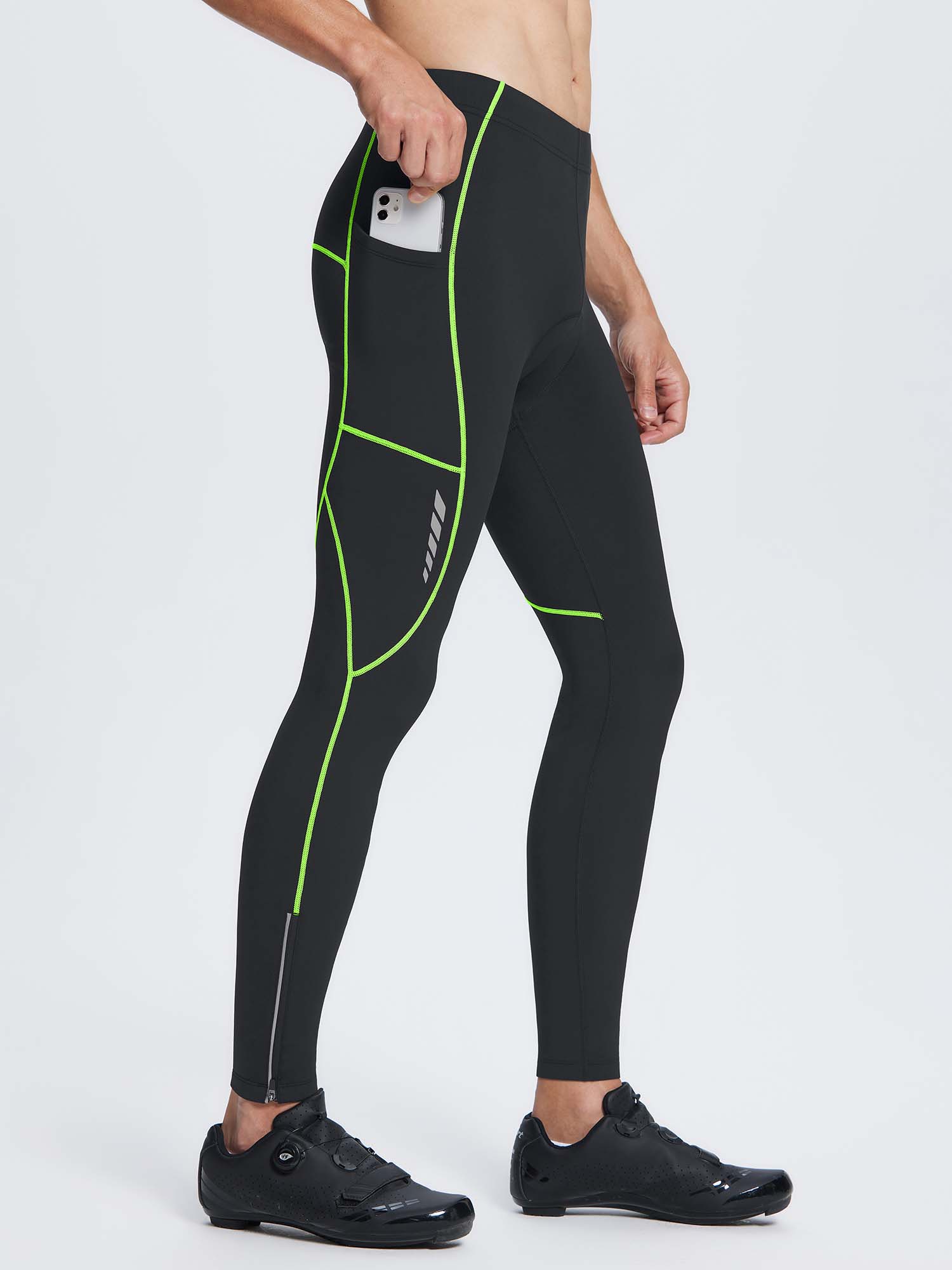 Men's black fleece thermal cycling tights, neon green piping, side pocket, ankle zipper. #color_Flourescent Green