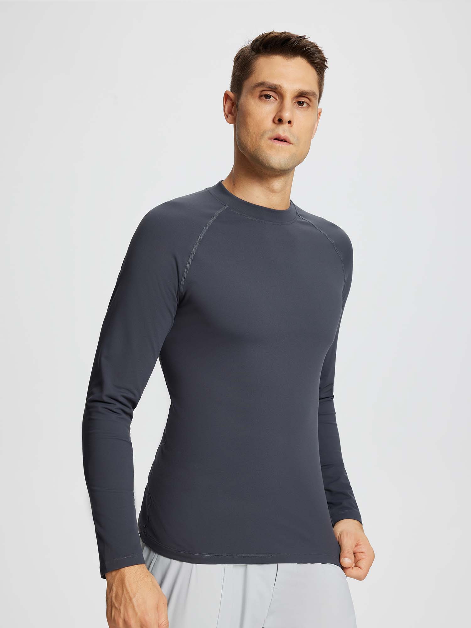 Men's dark gray knit fleece running top with half-mock collar and long sleeves. #color_Dark Gray